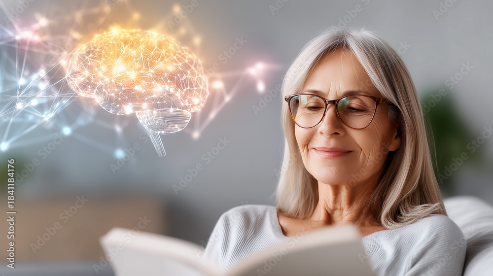 © dinatychynska - Senior woman reading with digital brain neural network hologram. Cognitive health and mental stimulation through learning hobbies. Active aging, memory improvement and brain fitness lifestyle concept.