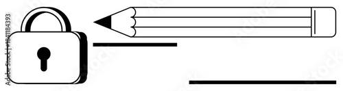 Data security, online privacy, secure communication, encryption, cybersecurity, content creation. Illustration of a lock and pencil on a white background. Data security and online privacy concept