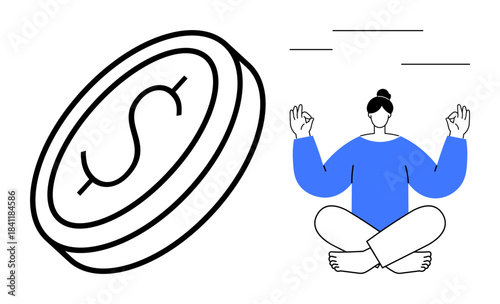 Financial wellness, mindfulness, meditation, self-care, wealth balance, money management. Woman meditating with a coin a dollar symbol. Financial wellness and mindfulness theme