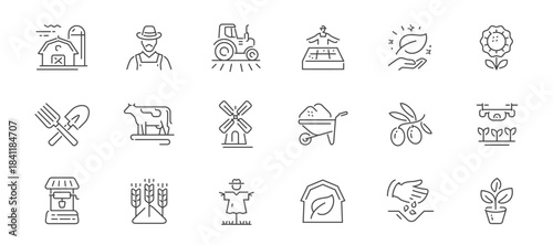 Agriculture, farm industry concept. Farming line icons set vector. Symbols or signs for website and mobile app design