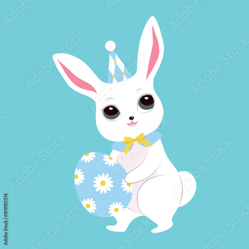 Cute white Easter bunnies, color clothes, cutie bows, pattern eggs. Spring collection. Sticker design. Set of easter eggs, pretty rabbits. Happy Easter. Greeting cards, birthday decoration, poster art
