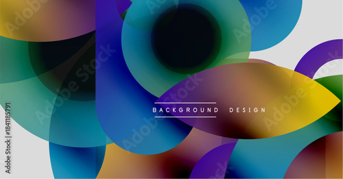 Abstract colorful shapes overlap, creating dynamic visual effect. Modern design elements suggest fluidity, energy. Background features gradients.