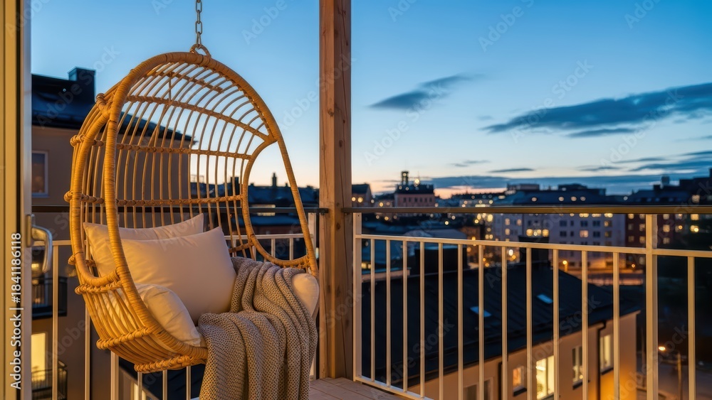 Obraz premium Cozy rattan chair on balcony at sunset overlooking cityscape