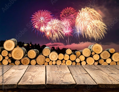 Wooden platform with stacked logs, fireworks display in night sky