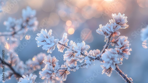 Frosty winter branches sunrise bokeh background