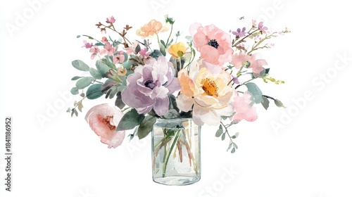 Delicate pastel watercolor floral arrangement in a clear vase with soft leaves, on a plain backdrop