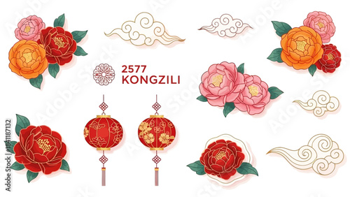 Chinese New Year Flowers, Lanterns, and Clouds Illustration with Traditional Motifs