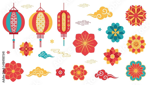Festive Chinese New Year Decorations Lanterns, Flowers, and Clouds