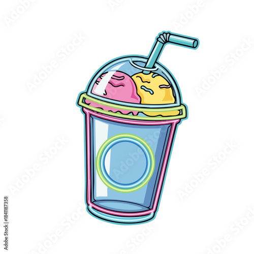 Cartoon Ice Cream Float with Straw in a Plastic Cup.