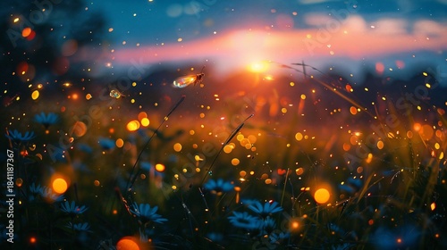 Firefly magic at sunset, meadow, summer evening, nature