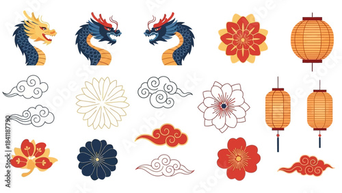 Chinese New Year Elements Dragons, Lanterns & Floral Designs