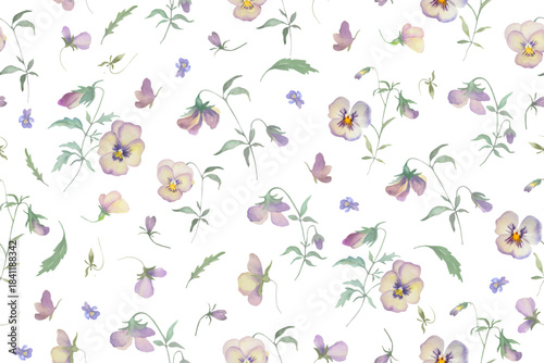 Watercolor Viola and Wildflowers Seamless Pattern. Botanical Background. Floral Illustration.
