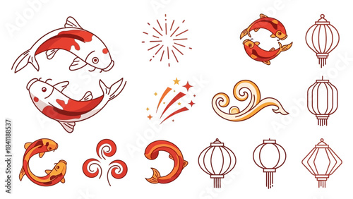 Koi Fish and Lanterns Asian-Inspired Vector Design Elements
