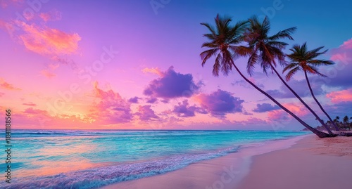 Tropical Beach Sunset with Palm Trees.