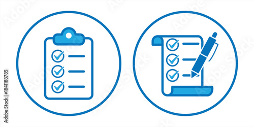 Checklist icon set. Containing clipboard with checkmark, document, checkbox on paper icon vector illustration.