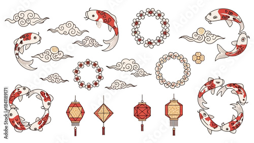 Koi Fish and Lanterns Decorative Asian Vector Graphic Set