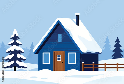 A blue cabin is nestled in a snowy winter landscape, with trees and a fence, all in a flat, stylized illustration