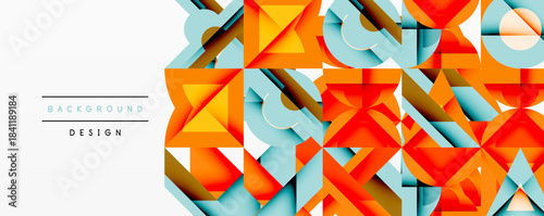 Abstract geometric shapes create vibrant background. Orange, blue, brown tones dominate composition. Modern design elements present layered effect.