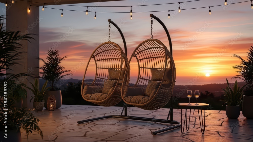 Obraz premium Serene sunset patio with hanging chairs and string lights