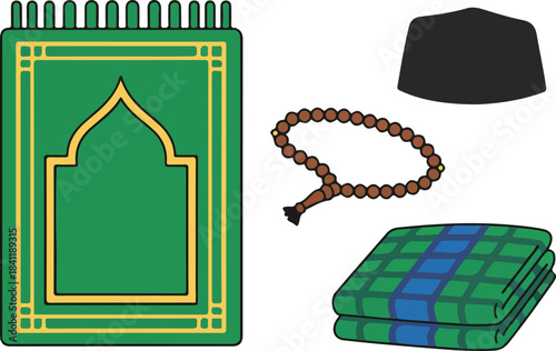 Muslim Prayer Equipment Vector Illustration Set: Sajadah, Tasbih, Peci, Sarong