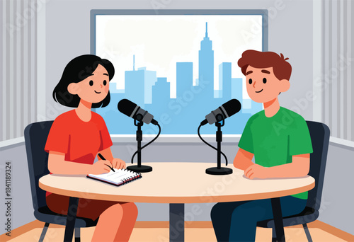 Two individuals face mics at a table, recording a podcast. City skyline backdrop. Flat vector illustration style