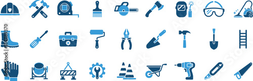 Construction and diy work tools, building equipment, and essential safety gear icon collection set for repair