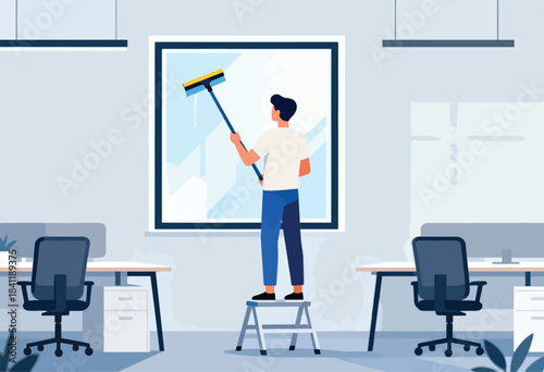 Illustration shows a man on a stepladder cleaning an office window; desks and chairs present