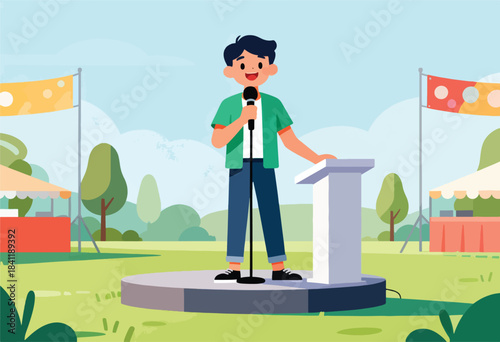 A cartoon person giving a speech at an outdoor event, using a microphone and podium in a park setting