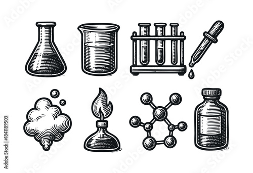 A collection of hand-drawn vintage style chemistry laboratory equipment and scientific symbols on a white background — stock vector.