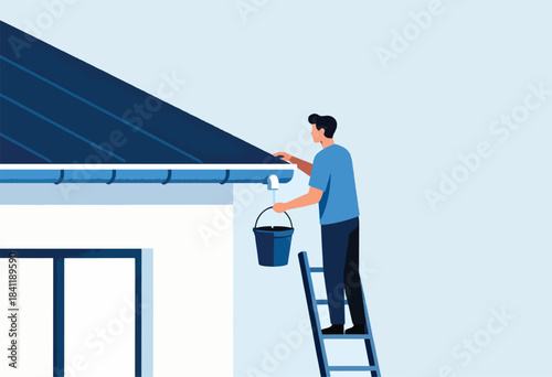 A person in a blue shirt and dark pants stands on a ladder near a roof, holding a bucket