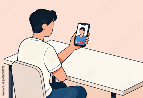 Illustration of person seated at table, in video call with another person on phone. Viewed from behind