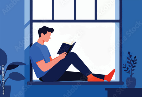 A person reads a book while relaxing on a window ledge, plants frame the scene in shades of blue