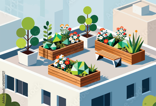 An isometric depiction of a rooftop garden with various plants, flowers, and geometric decorations, creating an urban oasis