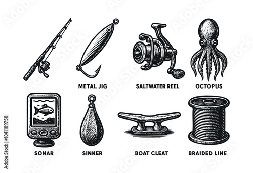 A collection of fishing equipment icons, including a rod, reel, jig, sinker, sonar, boat cleat, braided line, and an octopus, all rendered in a detailed woodcut style — stock vector.