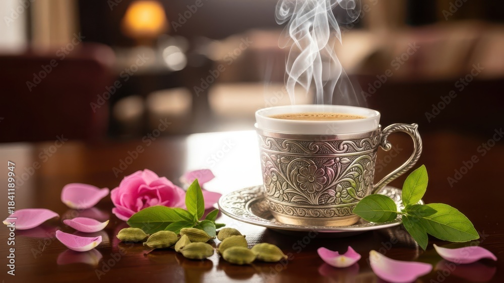 Fototapeta premium Steaming Cup Of Herbal Tea With Rose Petals And Cardamom On Wooden Table