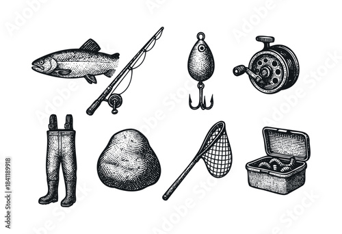 A comprehensive set of fishing equipment and tools, including a fish, rod, reel, lure, waders, and bait box, depicted in a classic hand-drawn engraving style — stock vector.