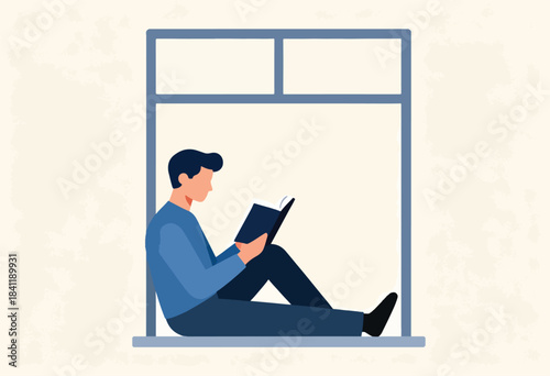 A person in blue is sitting, absorbed in a book, inside a window frame against a textured background