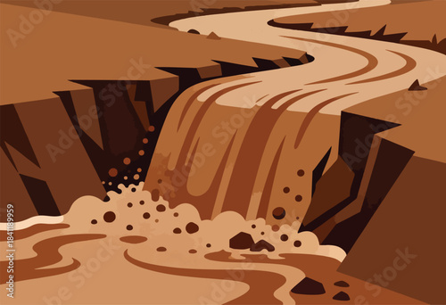 Abstract depiction of a waterfall cascading down a cliff, stylized with shades of brown and flowing water