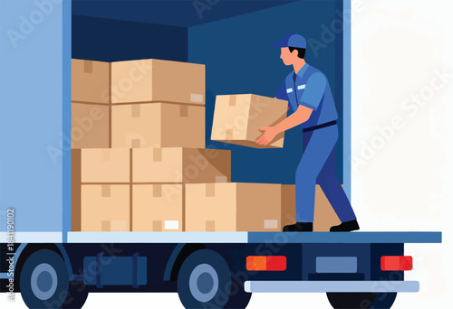 A delivery driver in uniform lifts a cardboard box from a truck filled with packages. Boxes stacked