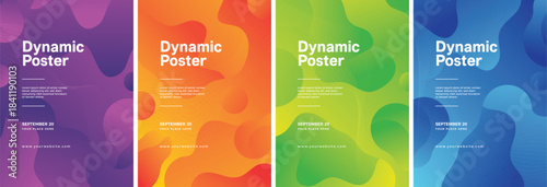 A collection of five contemporary art prints showcasing bold, flowing color transitions in shades of violet, crimson, and amber. Each piece integrates clean, understated lettering paired with structur