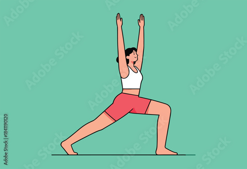 An illustration depicting a woman performing a yoga pose, with arms raised high, leg extended, on a green backdrop