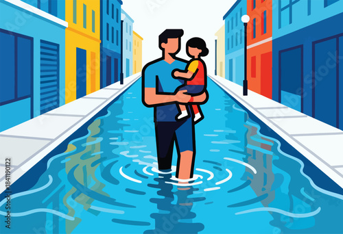A father carries his child through a flooded street, colorful buildings line the sides. A graphic depiction of resilience