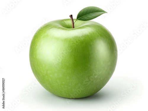 Single Fresh Green Apple with Leaf on White Background