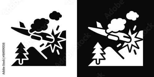 Airplane Accident Icon White And Black Background Style