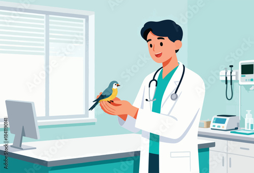 A veterinarian, wearing a lab coat, examines a colorful bird in an examination room setting