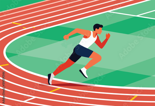 A runner sprints along a red track, stylized with geometric shapes. Green infield and yellow markings visible