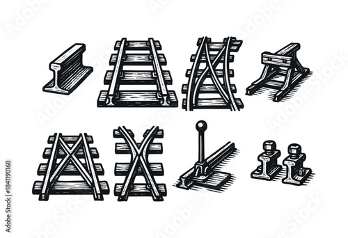 A collection of hand-drawn railway track elements, including rails, switches, buffer stops, and crossings, rendered in a vintage woodcut style on a white background — stock vector.