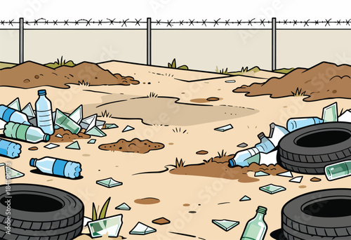 Cartoon scene of litter broken glass, plastic bottles, tires, and dirt, against a fence and sky