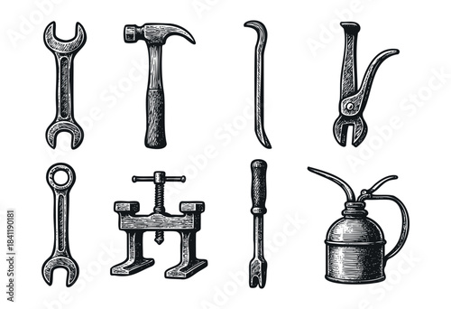 A diverse set of classic hand tools including wrenches, hammer, pliers, pry bar, C-clamp, and oil can, rendered in an antique engraved style — stock vector.