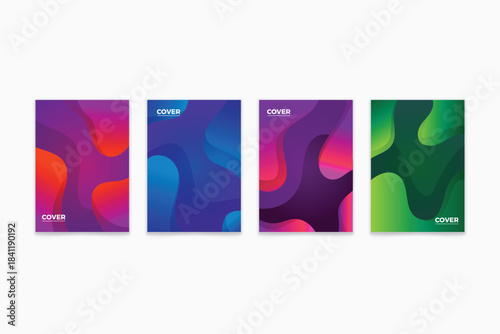 A collection of five contemporary art prints showcasing bold, flowing color transitions in shades of violet, crimson, and amber. Each piece integrates clean, understated lettering paired with structur